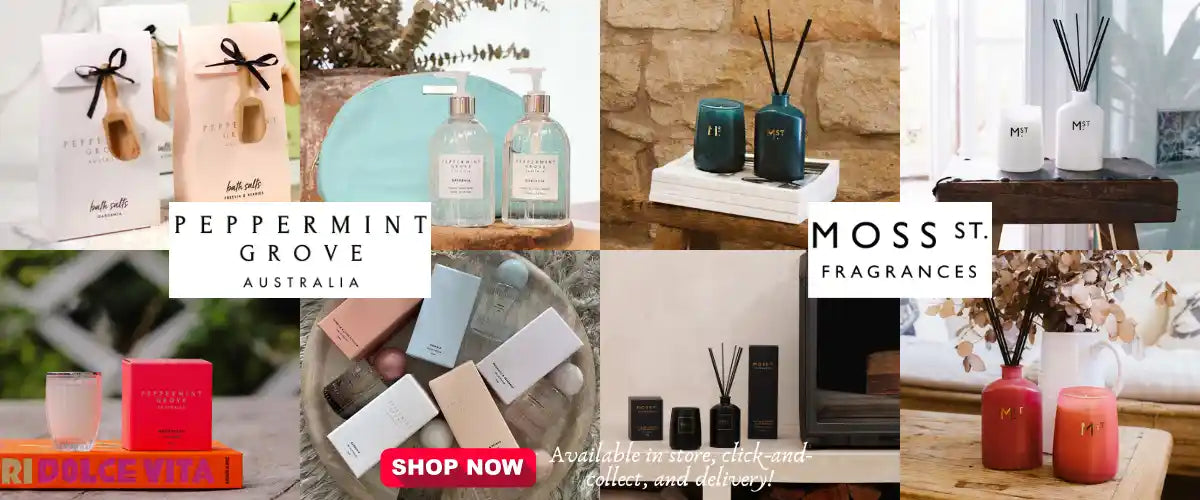 Peppermint Grove Australia and Moss St. Home Fragrances collection featuring scented candles, reed diffusers and elegant bath and body gifts.