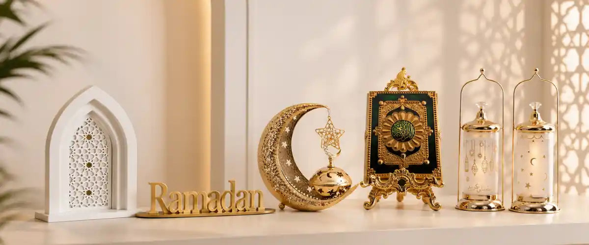 Ramadan Collection featuring elegant lanterns, crescent moon decorations, tableware and festive décor for creating a warm and welcoming Ramadan setting.