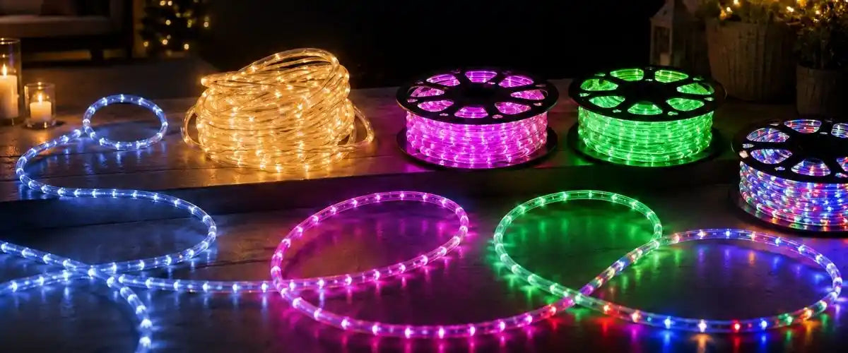Rope Lights featuring flexible illuminated tubing for decorating indoor and outdoor spaces, pathways, trees, fences and festive seasonal displays.