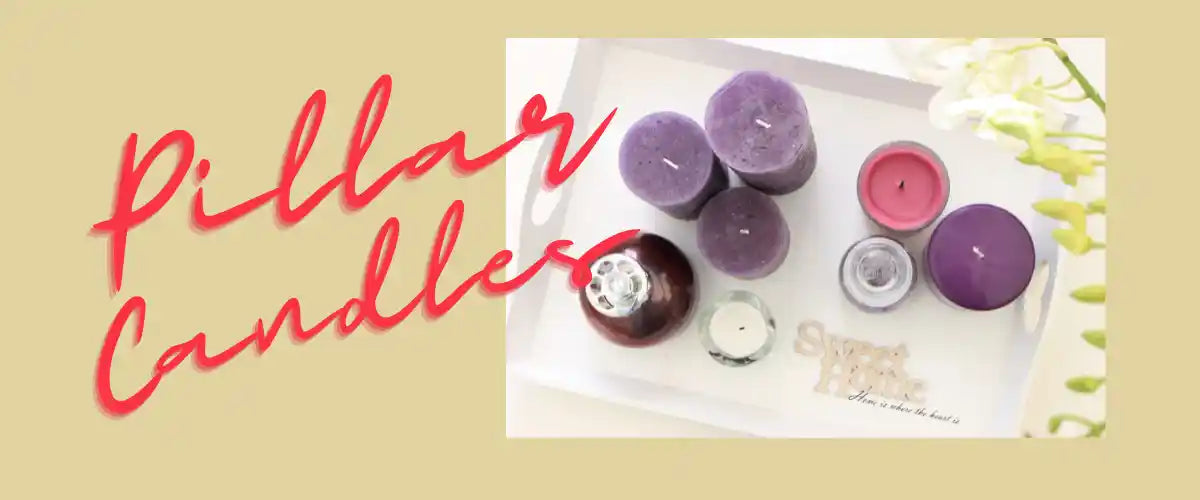 Scented pillar candles featuring elegant fragrances and decorative designs for creating a warm, relaxing atmosphere in any living space.