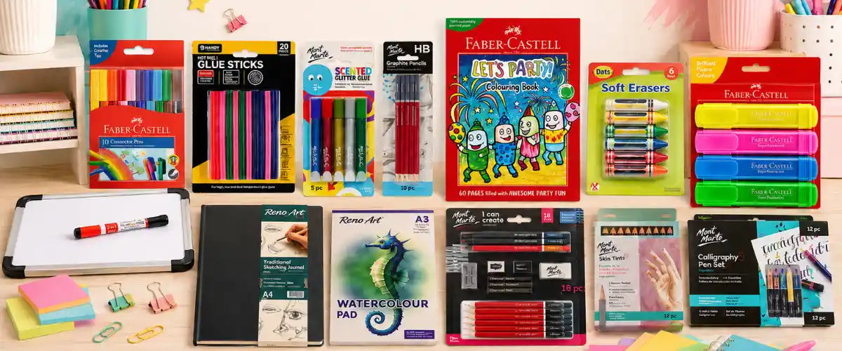 Stationery collection featuring notebooks, pens, writing supplies, school essentials and everyday office accessories.