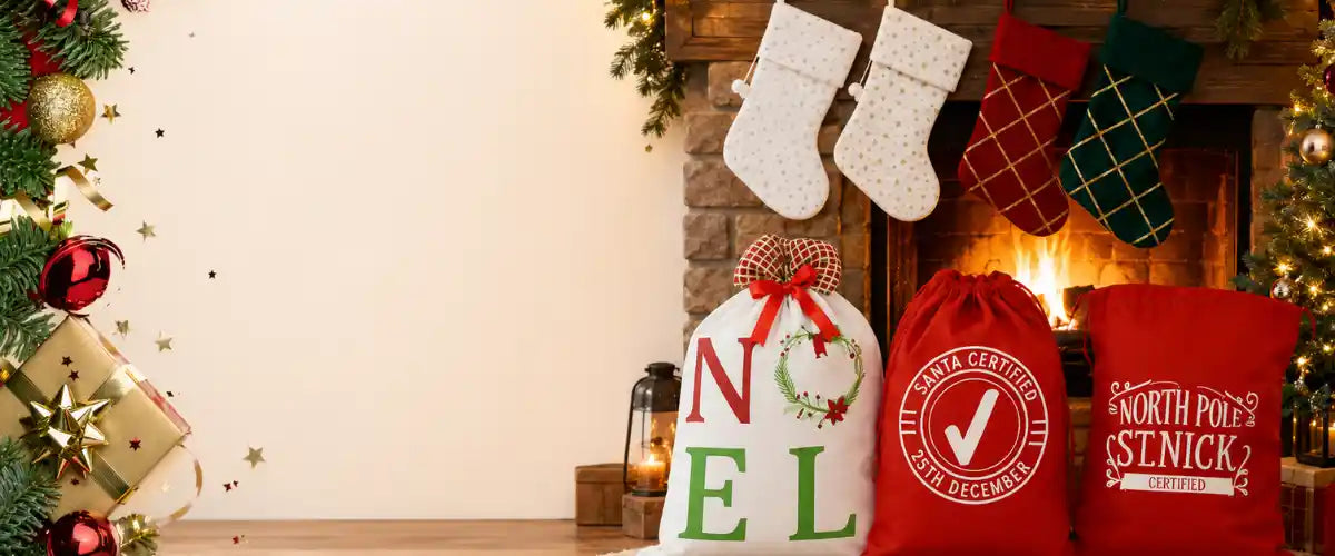 Santa Sacks & Stockings Collection featuring festive Christmas gift sacks and decorative stockings in classic holiday colours and seasonal designs.