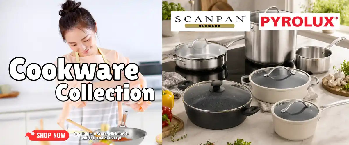 Scanpan and Pyrolux cookware collection featuring stainless steel and non-stick pots, pans and casseroles with lids, alongside a woman cooking in a modern kitchen.