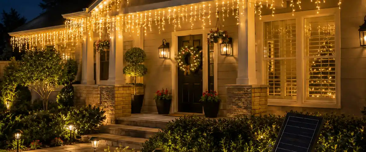 Solar icicle lights creating a sparkling festive display for outdoor Christmas decorating, powered by sunlight for easy seasonal lighting.