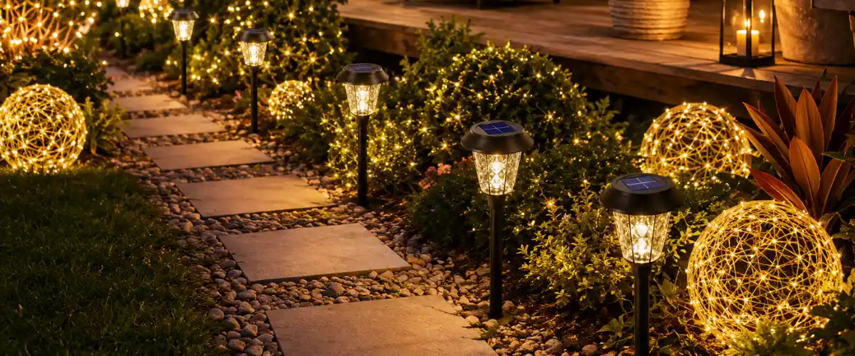Solar LED lights featuring energy-efficient outdoor illumination for Christmas displays, gardens, pathways and festive seasonal decorating.