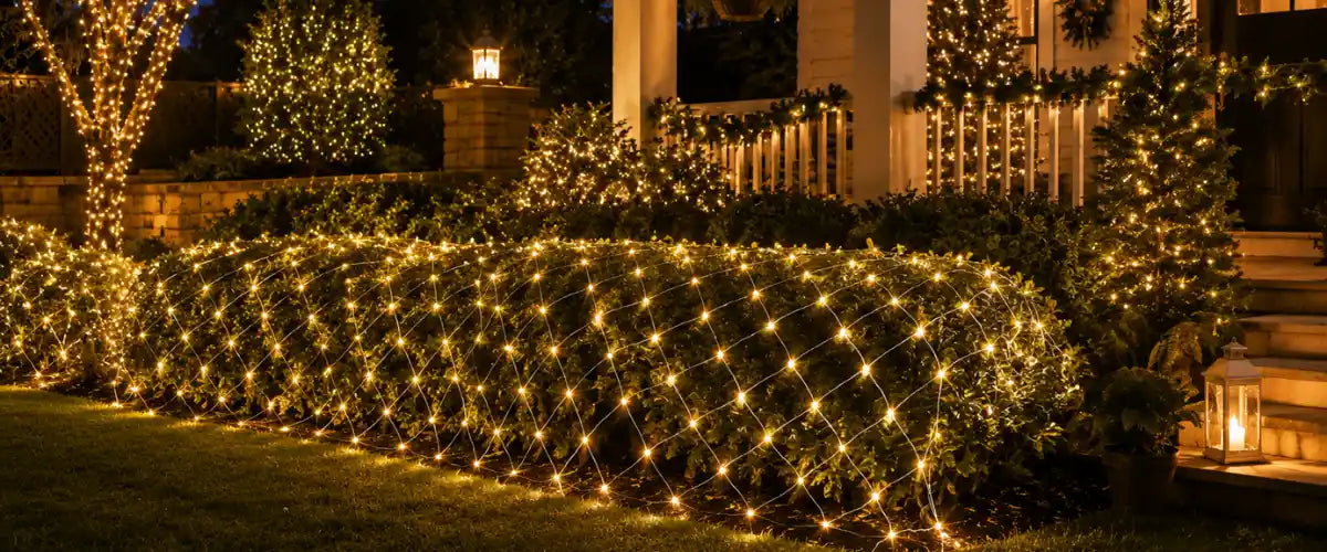 Solar net lights featuring energy-efficient illumination for bushes, hedges, fences and festive outdoor Christmas displays.