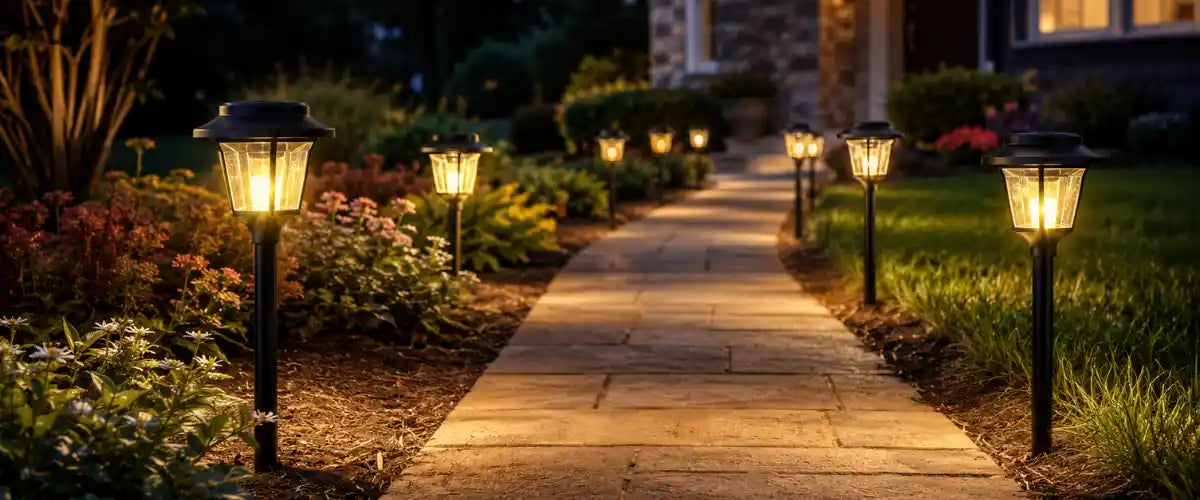 Solar path lights featuring energy-efficient illumination for garden paths, walkways, driveways and festive outdoor Christmas displays.