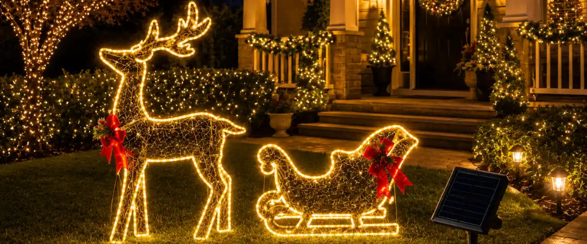 Solar silhouette lights featuring festive illuminated shapes for windows, gardens, pathways and outdoor Christmas displays powered by solar energy.