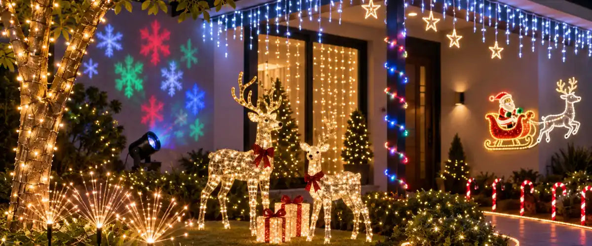 Specialty Christmas lights featuring decorative illuminated designs and unique festive lighting for indoor and outdoor Christmas displays.