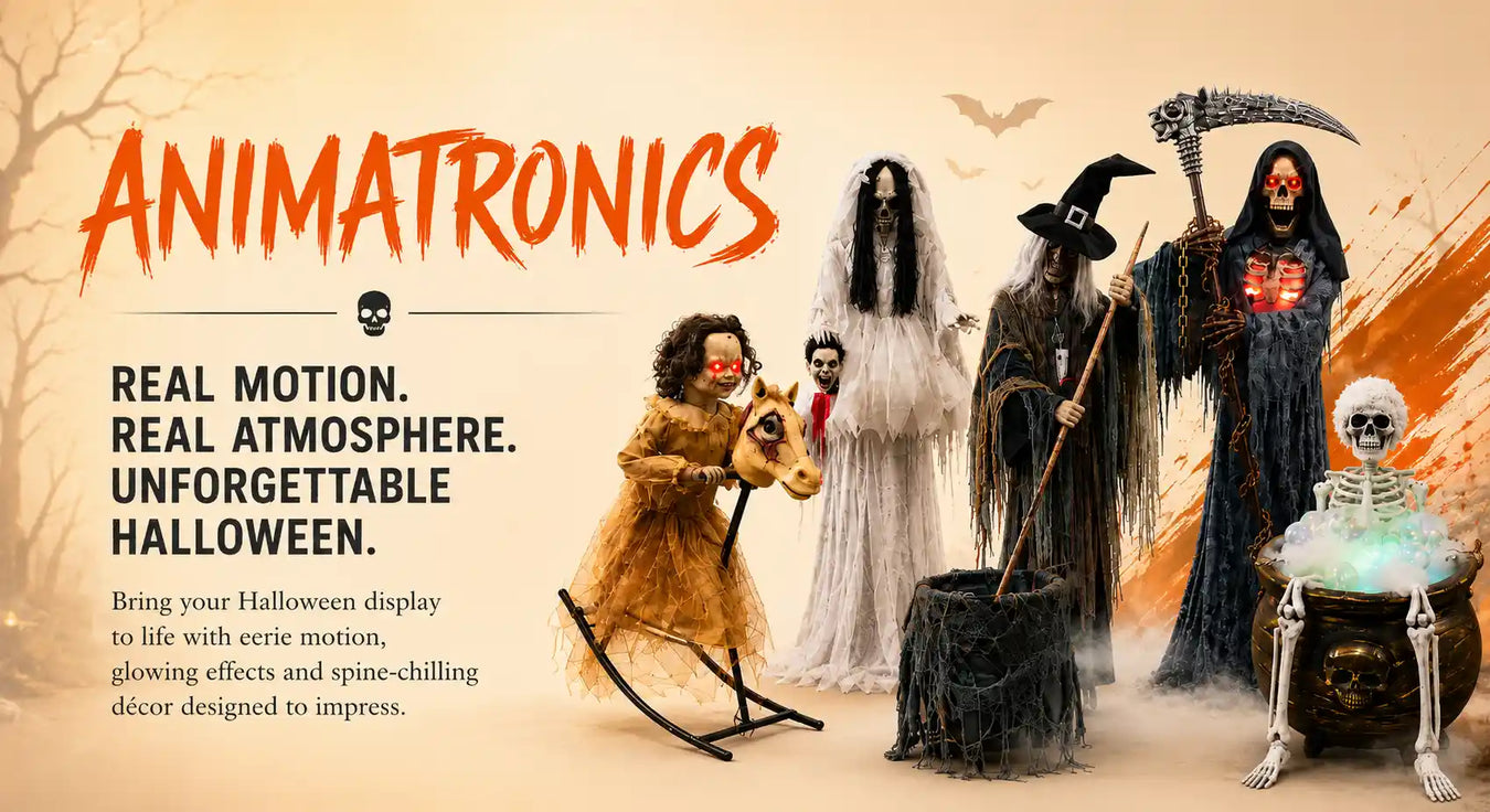 Halloween animatronics featuring life-size animated clowns, skeletons, ghosts and creepy moving characters for haunted Halloween displays.