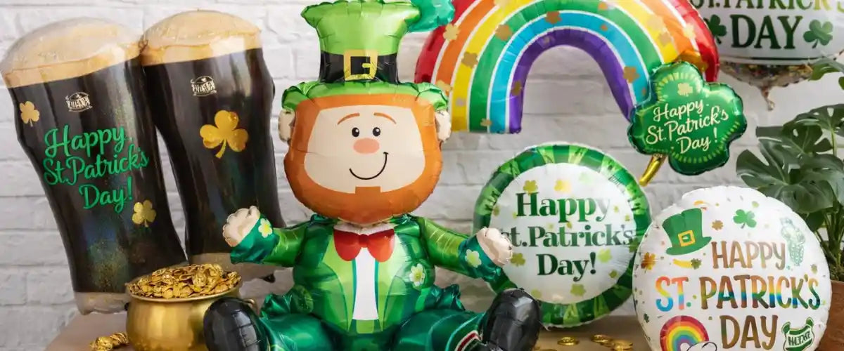 St. Patrick’s Day Balloons featuring festive green, gold and shamrock-themed designs for parties, celebrations and Irish-inspired events.