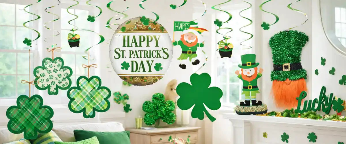 St. Patrick’s Day Decorations featuring festive shamrocks, green and gold décor, Irish-themed ornaments and party accessories for celebrating St. Patrick’s Day.