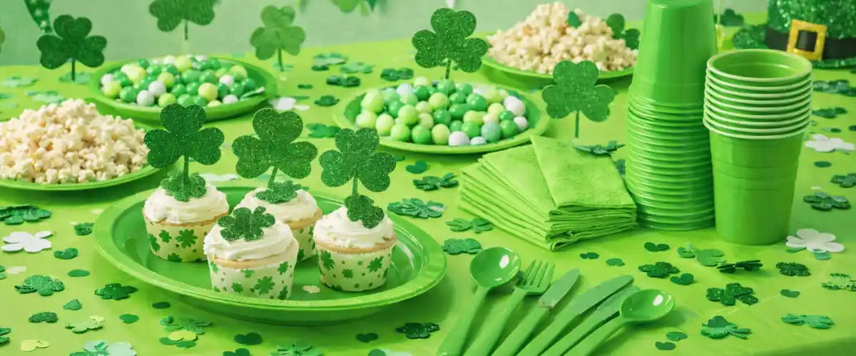 St. Patrick’s Day table and partyware featuring festive green tableware, decorations and party essentials for Irish-themed celebrations.