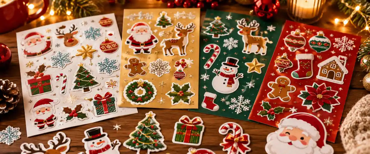 Christmas stickers featuring festive designs for gift wrapping, cards, crafts, decorations and holiday activities.
