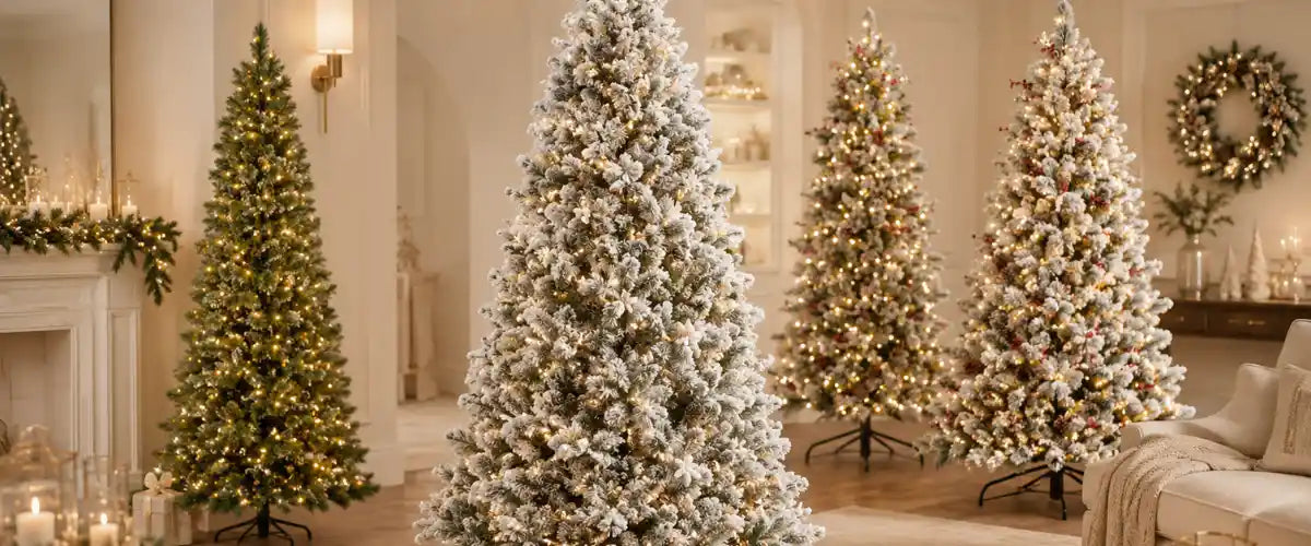 Swish Collection Christmas trees featuring stylish artificial trees in festive designs for creating elegant holiday displays at home.
