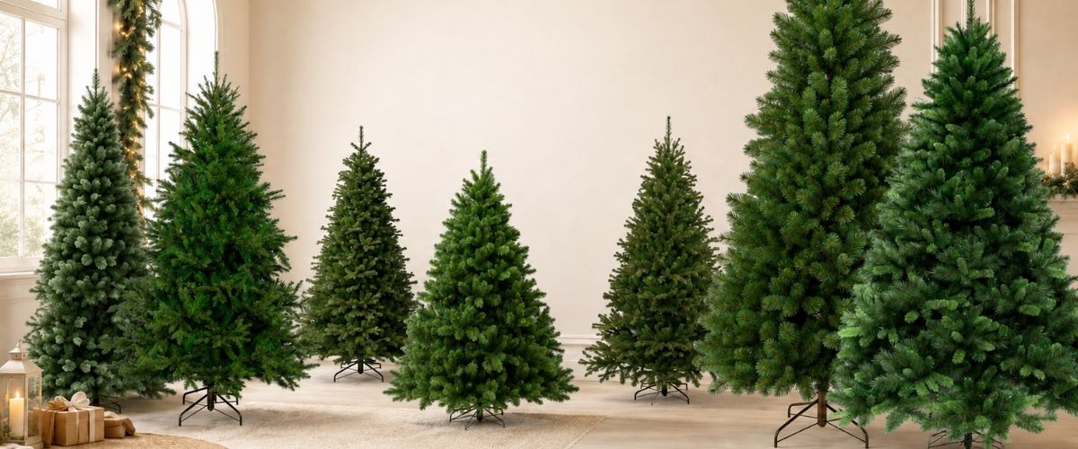 Traditional green artificial Christmas trees decorated with festive baubles and lights for a classic Australian Christmas celebration.