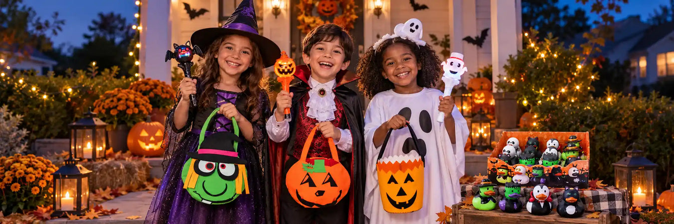 Halloween trick-or-treat and party supplies featuring candy buckets, treat bags, Halloween tableware, balloons and spooky party decorations.