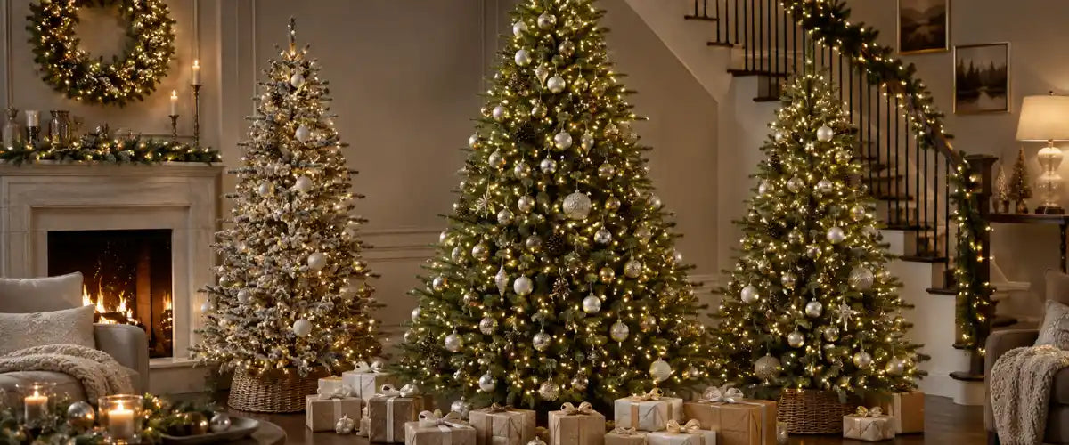 UBL Collection Christmas trees featuring festive artificial trees in a variety of styles and sizes for beautiful holiday decorating.