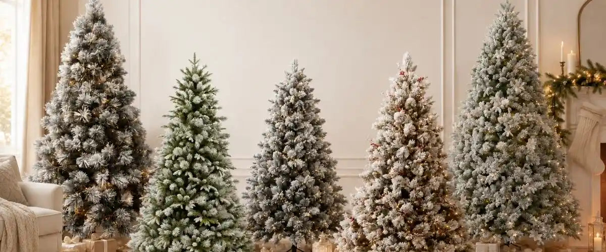 Flocked and snowy artificial Christmas trees with frosted branches creating an elegant winter wonderland Christmas display.