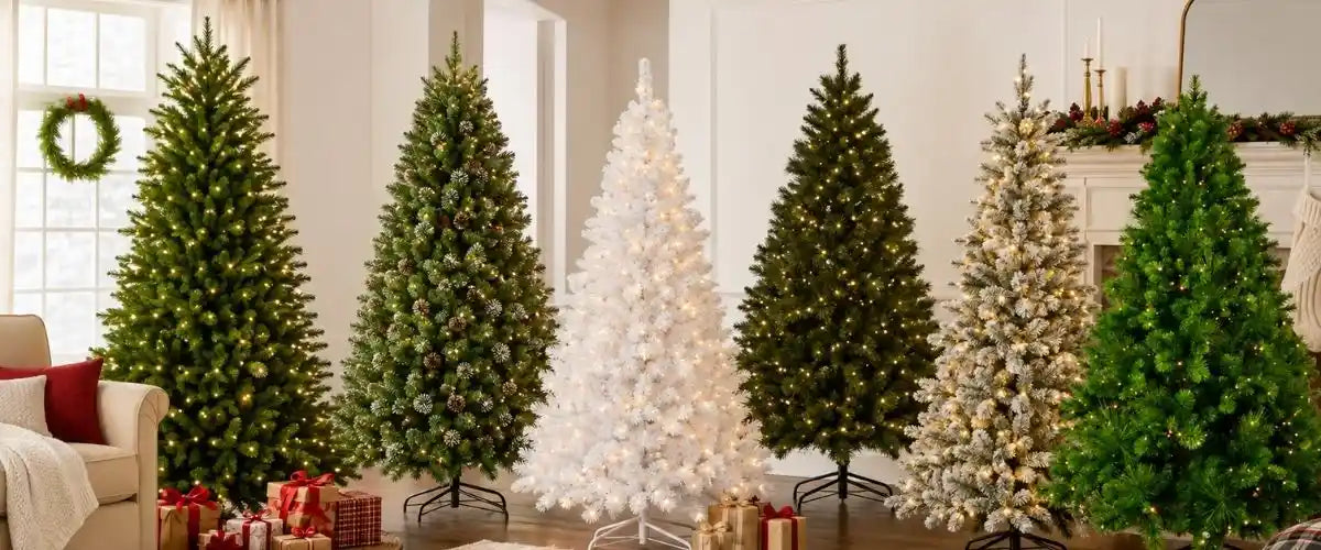 Pre-lit artificial Christmas tree glowing with integrated festive lights and decorated with baubles for a warm Christmas display.