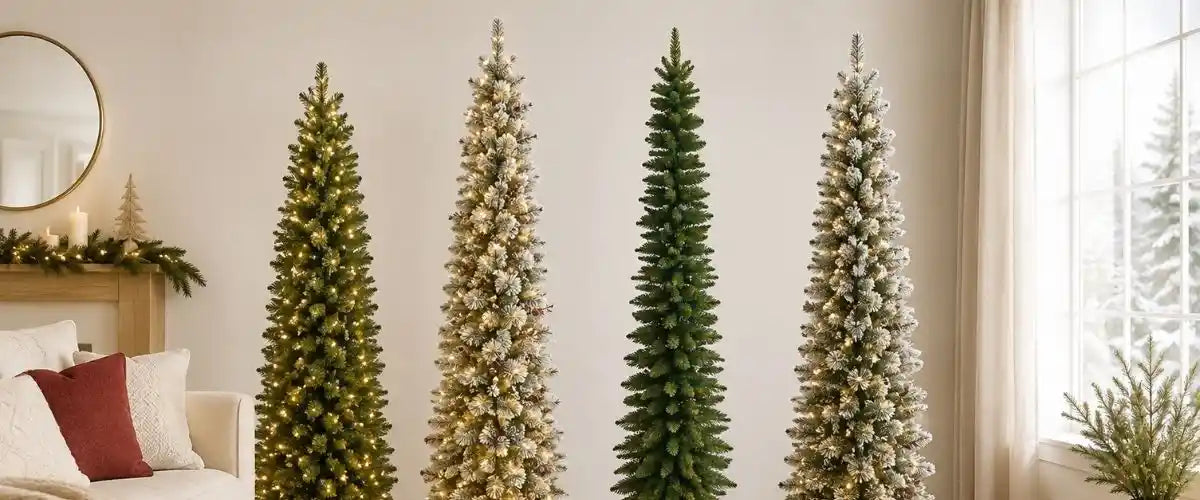 Slim artificial Christmas tree decorated with festive lights and baubles in a compact living space for space-saving Christmas decorating.
