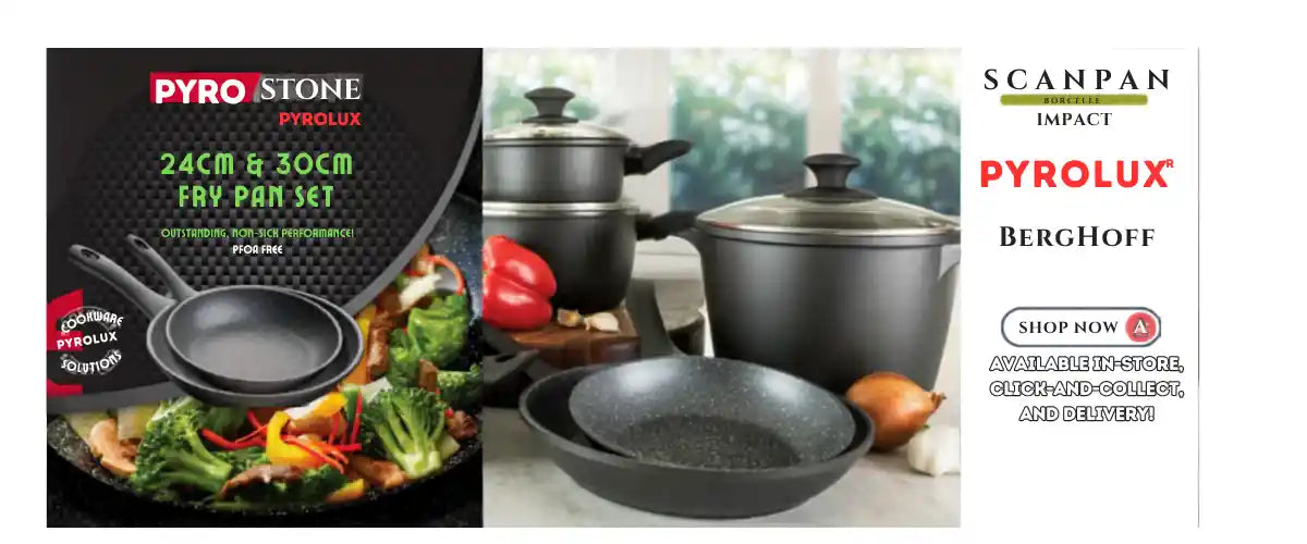 Pyrolux and Scanpan cookware collection featuring non-stick fry pans, stockpots and saucepans displayed with fresh vegetables and cooking ingredients.