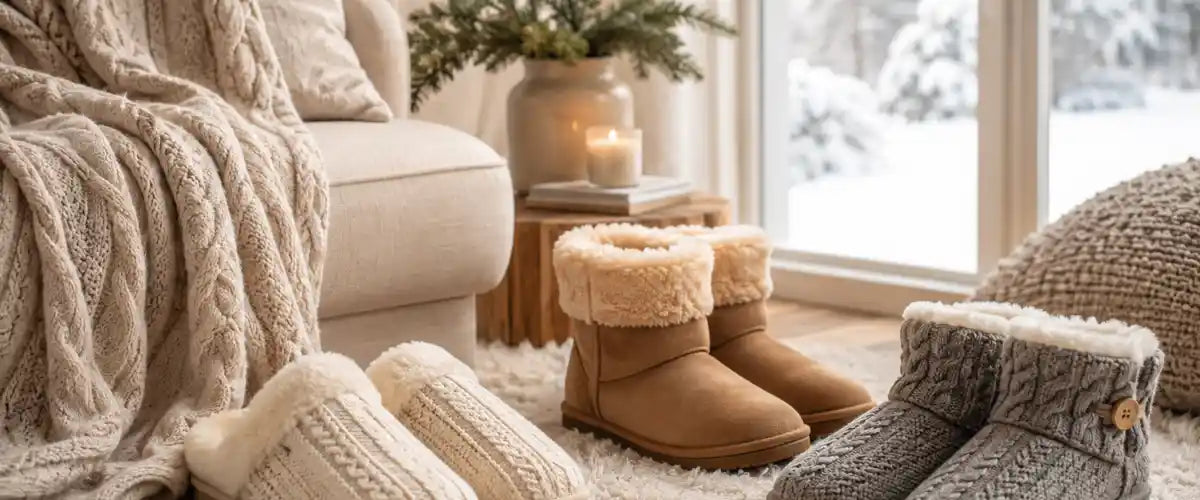 Winter slippers and boots collection featuring warm, comfortable footwear for cosy everyday wear during the colder months.