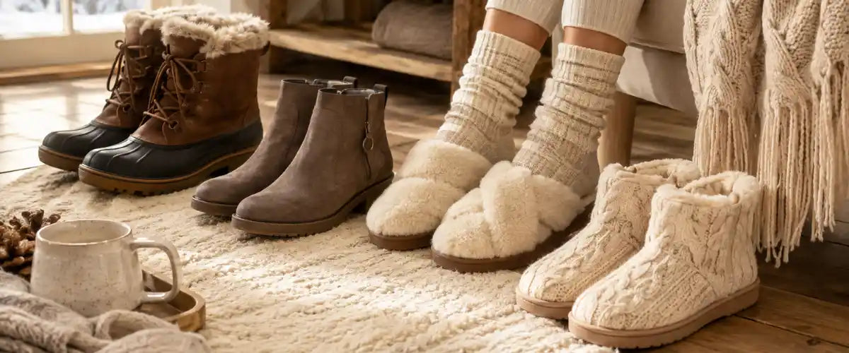 Winter socks and footwear collection featuring warm, comfortable essentials for keeping feet cosy during cold-weather days.