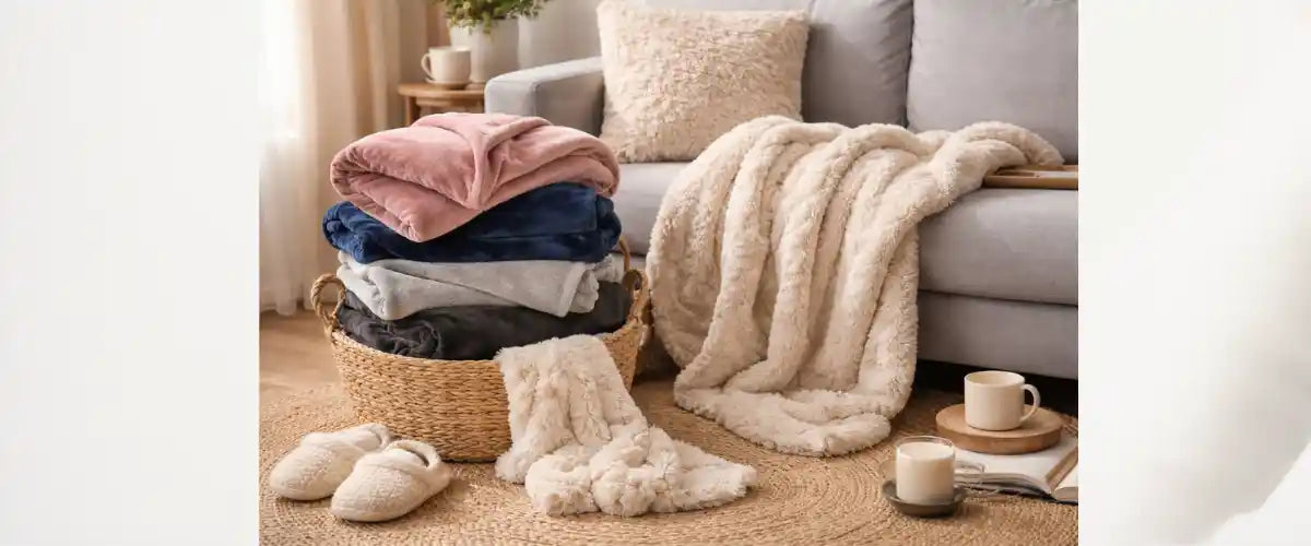 Winter soft furnishings collection featuring cosy throws, cushions and warm home accessories for a comfortable seasonal update.