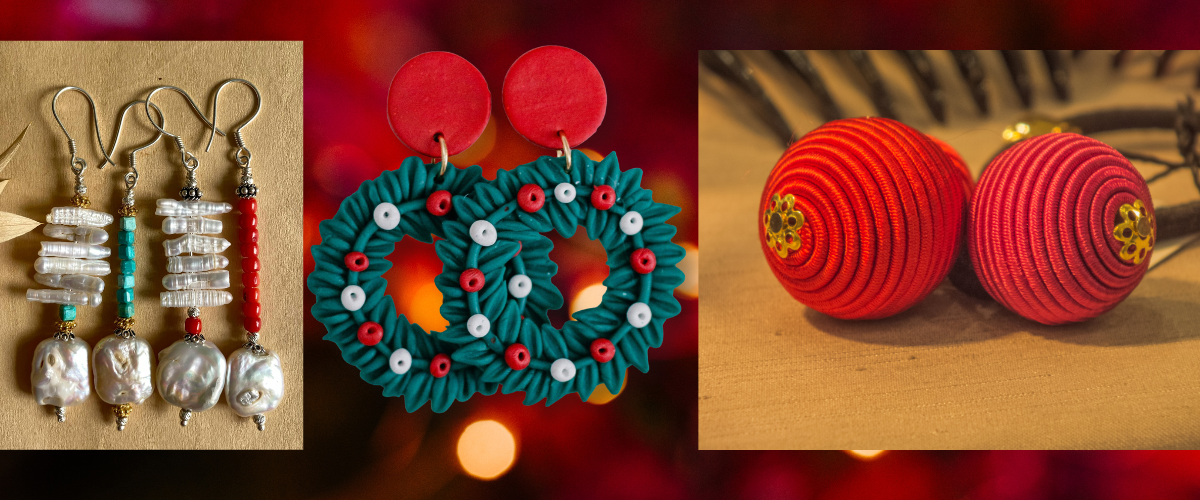 Christmas jewellery collection with festive earrings, necklaces and holiday accessories
