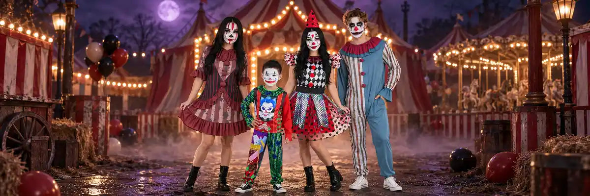 Halloween Creepy Carnival collection featuring scary clown costumes, sinister jesters, creepy masks and animated carnival decorations.
