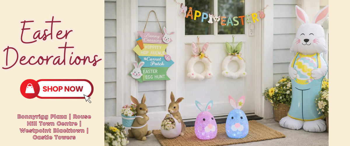 Easter decorations collection with hanging décor, Easter banners, garlands, table centrepieces, and wall/window stickers for festive home styling.