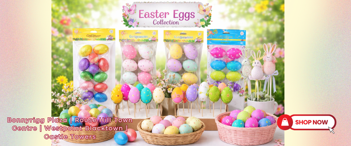 Assorted Easter eggs including fillable plastic eggs and decorative eggs for Easter hunts, crafting, and seasonal home decorating.