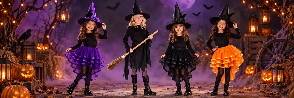 Halloween Witch collection featuring witch costumes, pointed hats, makeup, animated props and spooky witch decorations.