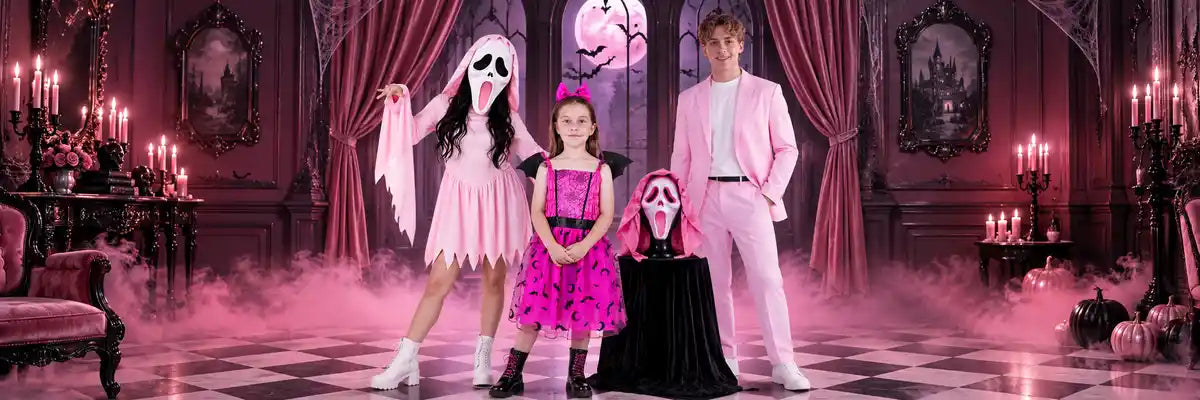 Pretty Pink Horrors collection featuring pink Halloween costumes, masks, skeleton decorations, witch hats and creepy-cute accessories.