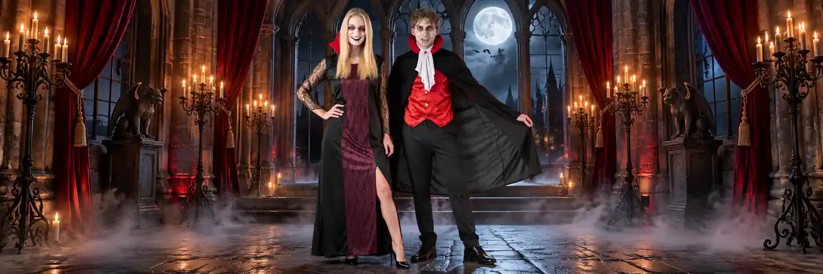 Halloween Vampire collection featuring gothic vampire costumes, capes, fangs, masks, wigs and fake blood accessories for adults and kids.