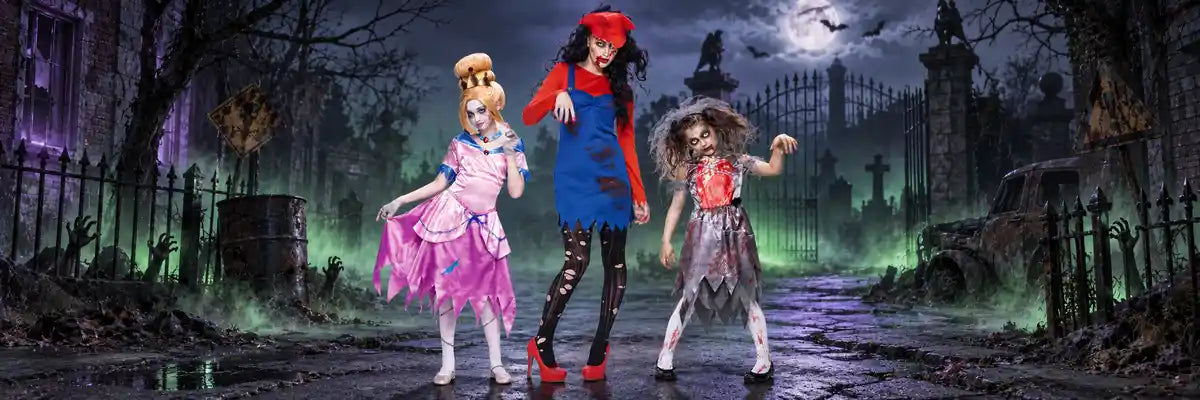 Halloween Zombie collection featuring scary zombie costumes, masks, fake blood, wounds and special FX makeup for adults and kids.
