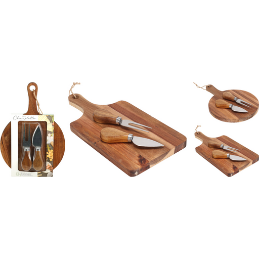 acacia cheese board with two knives and cheese fork
