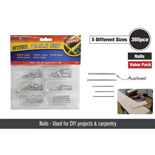 Steel nails assortment 360 pieces five sizes