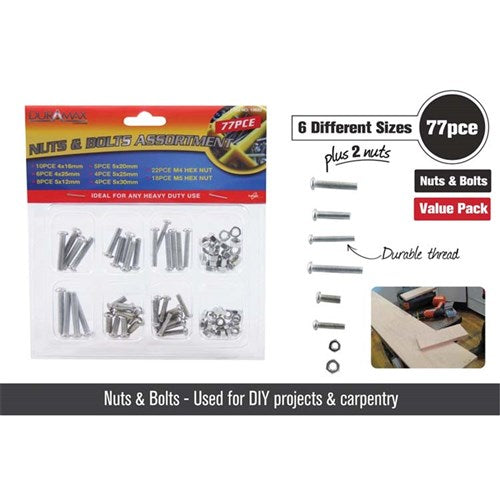 Assorted nuts and bolts set 77 pieces