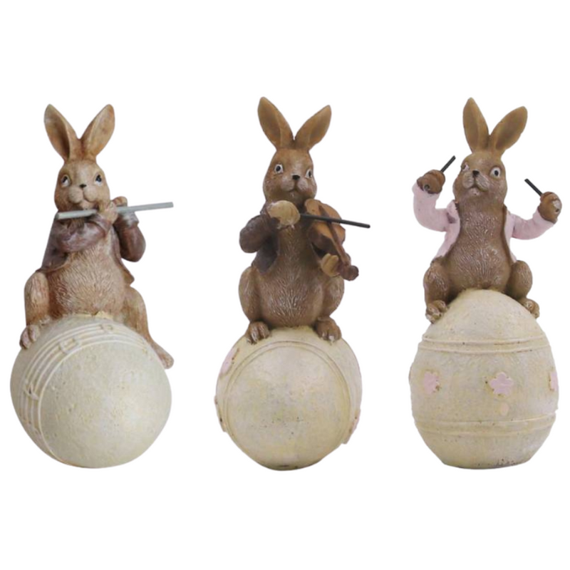 Musical Bunnies on Egg Polyresin 6x6x14.5cm 3 Asstd