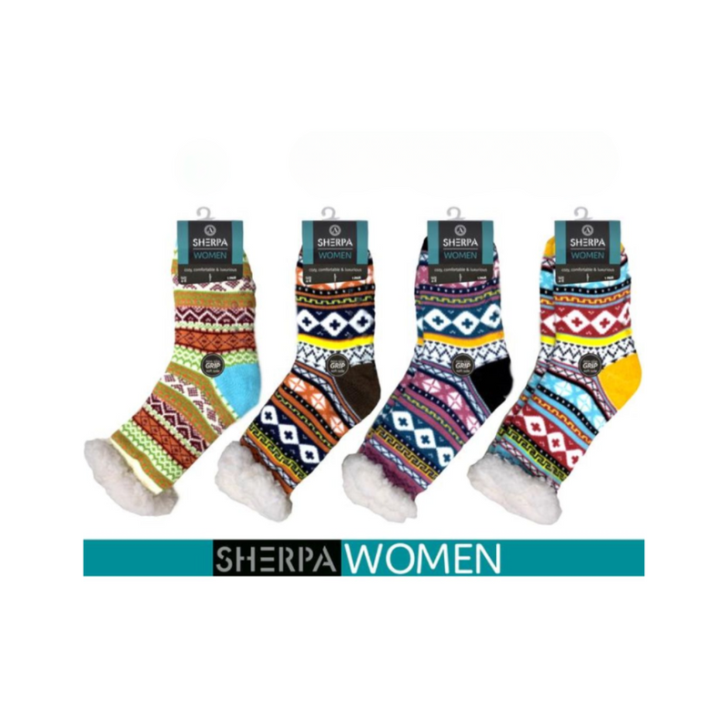 Ladies Knitted Sherpa Socks Aztec 1Pair Assorted