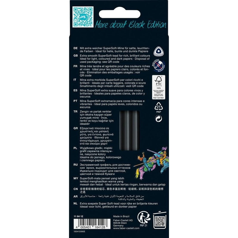 Back of a packaging for Mina SuperSoft pencils with text and branding.