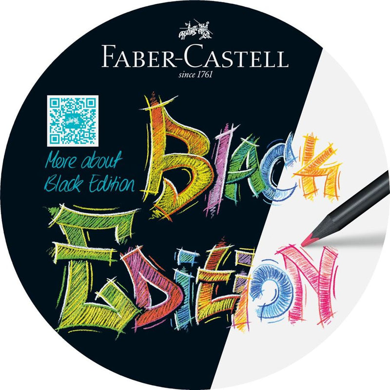 Faber-Castell Black Edition packaging with colorful text and a pen on a white background