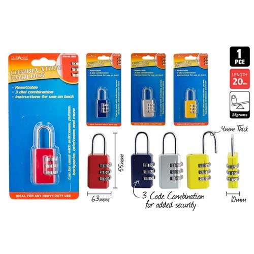 Three digit combination padlock assorted colours