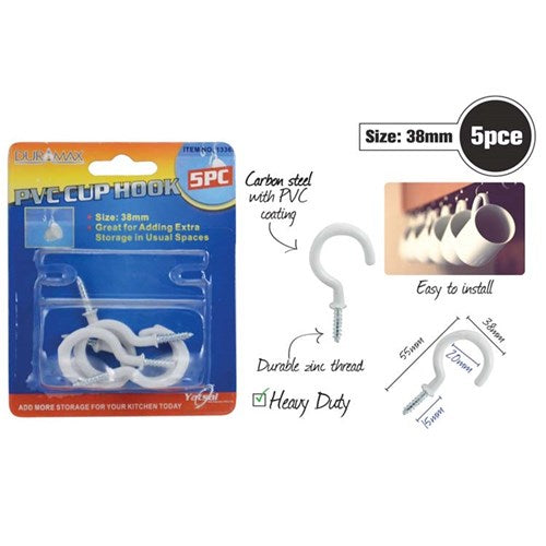 White PVC cup hooks 38mm five piece pack