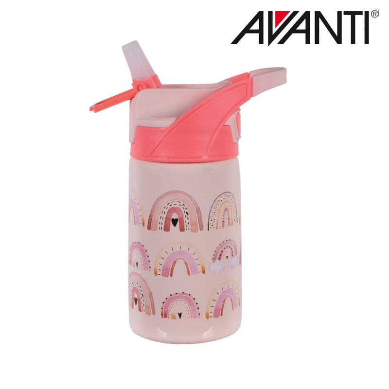 Kids insulated water bottle with rainbow print and popup spout detail view 2