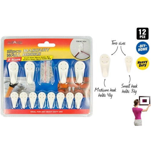 Assorted masonry wall hooks twelve pack