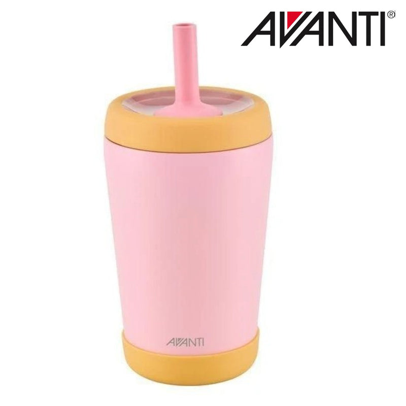 Pink and yellow insulated kids tumbler with silicone bumper detail view 2