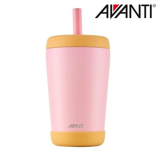 Pink and yellow insulated kids tumbler with silicone bumper
